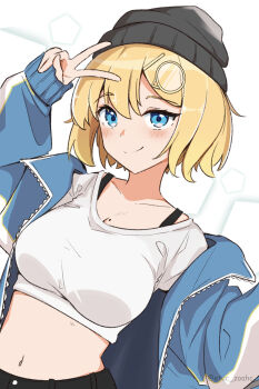 1girl absurdres alternate_costume arm_up beanie black_hat blonde_hair blue_eyes blue_jacket blush casual closed_mouth collarbone commentary crop_top ee-zy english_commentary eyelashes hair_ornament hat highres hololive hololive_english jacket long_sleeves midriff navel open_clothes open_jacket shirt short_hair smile solo upper_body v virtual_youtuber watson_amelia white_shirt