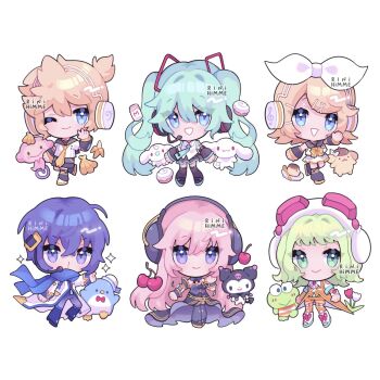 2boys 5girls animal aqua_eyes aqua_hair artist_name banana bird blonde_hair blue_eyes blue_hair blue_scarf bottle bow breasts cherry chibi chibi_only cinnamon_roll cinnamoroll commentary crossover detached_sleeves dog dress english_commentary flower food frog fruit fuwa_fuwa_cinnamoroll goggles goggles_on_head green_eyes green_hair gumi hair_between_eyes hair_bow hair_ornament hair_ribbon hairclip hat hatsune_miku headphones highres kagamine_len kagamine_rin kaito_(vocaloid) keropii kuromi long_hair looking_at_viewer megurine_luka milk_(cinnamoroll) milk_bottle monkey multiple_boys multiple_girls necktie onegai_my_melody open_mouth penguin pink_hair pompompurin pudding ribbon rinihimme sanrio scarf shirt short_hair shorts simple_background skirt sleeveless smile thighhighs tulip tuxedo_sam twintails very_long_hair vocaloid watermark white_background