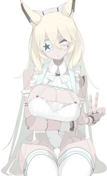 1girl animal_ears arm_under_breasts blonde_hair blue_eyes breasts cleavage commentary_request commission cowboy_shot dark-skinned_female dark_skin eyepatch hair_between_eyes hand_up highres horse_ears horse_girl humanoid_robot large_breasts leotard long_hair nanatsuki_sousuke original parted_lips robot simple_background skeb_commission solo star_(symbol) thighhighs very_long_hair w white_background white_leotard white_thighhighs