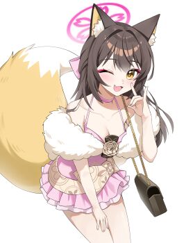 Rule 34 | 1girl, ;3, ;d, absurdres, alternate hair length, alternate hairstyle, animal ear fluff, animal ears, bag, blue archive, blush, bow, breasts, brown hair, choker, cleavage, collarbone, commentary, cowboy shot, dress, eyeshadow, fang, fox ears, fox girl, fox shadow puppet, fox tail, hair between eyes, hair bow, hair intakes, half updo, halo, halterneck, hand on own thigh, hand up, handbag, happy, highres, izuna (blue archive), izuna (dress) (blue archive), leaning forward, looking at viewer, makeup, medium breasts, nail polish, official alternate costume, one eye closed, open mouth, petticoat, pink bow, pink choker, pink dress, pink halo, prock, red eyeshadow, short dress, skin fang, sleeveless, sleeveless dress, smile, solo, tail, tail raised, yellow eyes