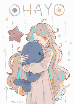 1girl 99_yen_(tsubura) absurdres artist_name commentary_request grey_hair highres holding holding_stuffed_toy long_hair long_sleeves looking_at_viewer nightgown orange_eyes original romaji_text solo star_(symbol) stuffed_animal stuffed_toy stuffed_whale very_long_hair
