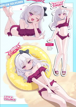 1girl :o alternate_costume arm_up ass bare_legs bare_shoulders bikini black_bow black_choker black_headband blue_archive blush bow bow_headband buoy choker commentary deadnooodles dot_nose english_text feet flat_chest frilled_bikini frills hair_between_eyes hair_ornament hair_ribbon hairband half-closed_eyes halo hand_on_own_chin hands_on_own_thighs headband heart highres innertube layered_bikini legs_up loli long_hair looking_at_viewer lying multiple_views mutsuki_(blue_archive) navel on_back on_stomach one_eye_closed open_mouth pointy_ears purple_eyes red_bikini red_halo ribbon sand sandals single-shoulder_bikini slides smile soles solo stomach swim_ring swimsuit symbol-only_commentary toes white_hair