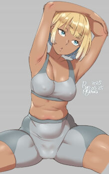 1girl :o agawa_ryou armpits arms_up artist_name blonde_hair blue_eyes breasts dated exercising facing_viewer grey_background gym_shorts large_breasts navel open_mouth original short_hair shorts simple_background sitting solo spread_legs stomach
