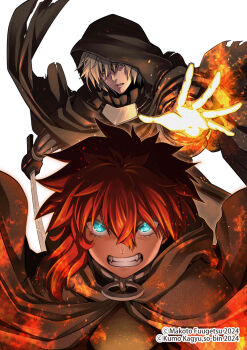 Rule 34 | black cape, black gloves, black hood, blade &amp; bastard, blue eyes, cape, casting spell, clenched teeth, commentary request, copyright notice, cover image, fangs, fuugetsu makoto, garbage (blade &amp; bastard), gloves, hair between eyes, highres, holding, holding sword, holding weapon, iarumas (blade &amp; bastard), katana, looking at viewer, official art, red hair, short hair, simple background, single sidelock, sword, teeth, upper body, weapon, white background, white hair, wizardry