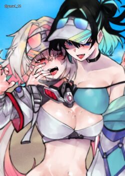 2girls absurdres arm_up bikini black_bikini black_choker black_hair black_survival blue_bikini blue_eyes blue_hair blue_jacket blue_nails blush buckle choker claw_pose cloud debi_(black_survival) eternal_return:_black_survival eyewear_on_head eyewear_on_headwear fangs finger_in_another&#039;s_mouth gas_mask haagyu hair_bun hair_intakes highres jacket long_hair long_sleeves looking_at_another looking_at_viewer low_twintails marlene_(black_survival) mask mask_around_neck multicolored_bikini multicolored_hair multicolored_jacket multiple_girls nail_polish navel o-ring o-ring_choker off_shoulder official_alternate_costume open_clothes open_jacket open_mouth pink_hair red_eyes red_nails saliva sand short_hair shrug_(clothing) siblings single_side_bun sisters stomach string_bikini sunglasses sweat sweatdrop swimsuit teeth tongue tongue_out twintails upper_teeth_only visor_cap watermark white_bikini white_hair white_jacket