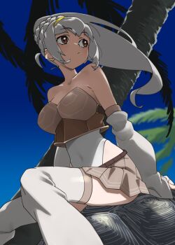 1girl armor bare_shoulders braid brown_eyes brown_skirt commentary_request detached_sleeves hair_between_eyes hairband highres kemono_friends leotard pleated_skirt ponytail reptile_girl san_cristobal_giant_tortoise_(kemono_friends) sidelocks skirt solo tanabe_(fueisei) thighhighs turtle_shell white_hair white_leotard white_sleeves white_thighhighs yellow_hairband zettai_ryouiki