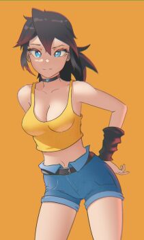 Rule 34 | 1girl, absurdres, bad id, bad twitter id, belt, black belt, black choker, black hair, blue eyes, blue shorts, borrowed character, breasts, choker, cleavage, cowboy shot, highres, lem, looking at viewer, lucia (scott malin), medium breasts, medium hair, midriff, navel, original, ponytail, shadow, shorts, solo, tank top, yellow tank top