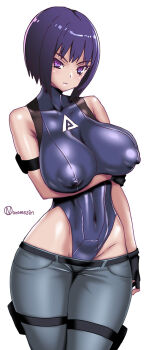 1girl arm_strap belt black_gloves black_legwear black_leotard breast_hold breasts cable covered_erect_nipples covered_navel denim female_focus ghost_in_the_shell gloves highleg highleg_leotard jeans kusanagi_motoko large_areolae large_breasts leotard looking_at_viewer lowleg lowleg_pants onomeshin pants puffy_nipples purple_eyes purple_hair short_hair simple_background solo white_background