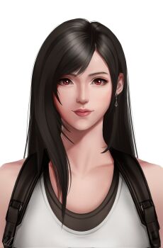 1girl bare_shoulders black_hair closed_mouth collarbone commentary earrings eman_(eno_b_art) final_fantasy final_fantasy_vii final_fantasy_vii_remake highres jewelry lips long_hair looking_at_viewer pink_lips portrait red_eyes solo straight-on suspenders swept_bangs tank_top tifa_lockhart upper_body white_background white_tank_top