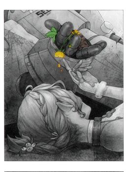 1girl bare_shoulders dirt falling_petals flower flower_hairpin from_side gloves greyscale hashtag-only_commentary highres holding holding_flower humanoid_robot lying mechanical_arms mechanical_hands mole mole_on_shoulder monochrome on_back petals ponytail qurravis robot seed_(zenless_zone_zero) seed_sr. spot_color yellow_flower zenless_zone_zero