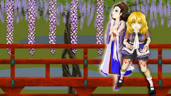 1girl arm_warmers before_and_after black_hair black_shoes black_skirt blonde_hair blush_stickers bridge brown_eyes brown_shirt dual_persona flower green_eyes hands_on_own_chest kams mizuhashi_parsee shawl shirt shoes short_hair short_sleeves skirt socks touhou white_shawl white_socks wide_sleeves wisteria