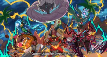 arm_up brown_hair claws clenched_hand cloud cloudy_sky club club_(weapon) colored_sclera commission commissioner_name dark-skinned_male dark_skin debris electricity energy_ball facial_hair fang fire floating flutter_mane gen_5_pokemon gen_7_pokemon gen_8_pokemon green_eyes holding holding_club holding_poke_ball holding_weapon hood hood_down hoodie incineroar landorus landorus_(incarnate) legendary_pokemon life_orb long_sleeves mask mochachiiino nintendo ogerpon ogerpon_(wellspring_mask) open_mouth outdoors palm_tree poke_ball poke_ball_(basic) pokemon punching purple_eyes raging_bolt red_sclera sharp_teeth short_hair signature skin_fang sky slit_pupils smile spiked_club teeth tree urshifu urshifu_(single) water weapon yellow_eyes yellow_sclera