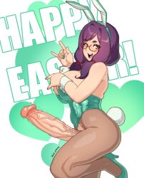 Rule 34 | 1girl, animal ears, artist name, breasts, brown pantyhose, erection, fake animal ears, fake tail, from side, futanari, glasses, green footwear, green leotard, happy easter, heart, high heels, highres, huge penis, large breasts, leotard, long hair, looking at viewer, open mouth, original, pantyhose, penis, playboy bunny, purple hair, rabbit ears, shoes, solo, sulcate, tail, teeth, torn clothes, torn pantyhose, uncensored, upper teeth only, veins, veiny penis, white wrist cuffs, wrist cuffs, yellow eyes