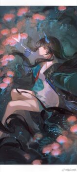 Rule 34 | 1girl, arknights, black hair, chinese commentary, colored extremities, commentary request, dragon girl, dragon horns, dusk (arknights), earrings, green hands, highres, holding, holding paintbrush, horns, jewelry, long hair, paintbrush, pointy ears, red eyes, solo, tassel, tassel earrings, yonghu pei yezi