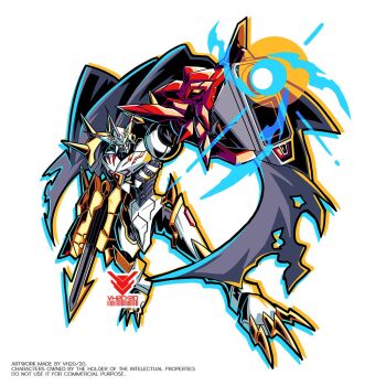 aiming arm_blade arm_cannon black_cape cape digimon digimon_(creature) full_body highres mecha omegamon_alter-s powering_up robot simple_background solo sword vistahero weapon white_background