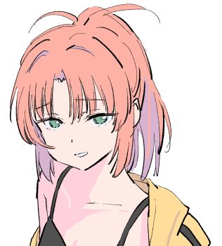 1girl black_bra bra green_eyes highres jacket kamiina_botan_yoeru_sugata_wa_yuri_no_hana long_hair looking_at_viewer nazo_no_anime-dan orange_hair parted_lips ponytail simple_background smile solo underwear white_background yellow_jacket yusa_akane