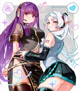 2girls :t aqua_nails arm_tattoo beamed_eighth_notes black_dress black_skirt black_sleeves black_thighhighs blunt_bangs blush border breasts closed_mouth commentary cosplay cowboy_shot detached_sleeves dress eighth_note elf english_commentary fern_(sousou_no_frieren) fingernails frieren green_eyes grey_hair grey_shirt hand_on_another&#039;s_hip hatsune_miku hatsune_miku_(cosplay) headphones headset heart height_difference highres long_hair long_pointy_ears looking_at_viewer megurine_luka megurine_luka_(cosplay) microphone miniskirt multiple_girls musical_note nail_polish navel number_tattoo outside_border parted_bangs pleated_skirt pointy_ears pout purple_eyes purple_hair sachichuu shirt short_eyebrows side_slit skirt sleeveless sleeveless_shirt small_breasts smile sousou_no_frieren spoken_heart spoken_squiggle squiggle standing tattoo thick_eyebrows thighhighs twitter_username underbutt v-shaped_eyebrows very_long_hair vocaloid white_border