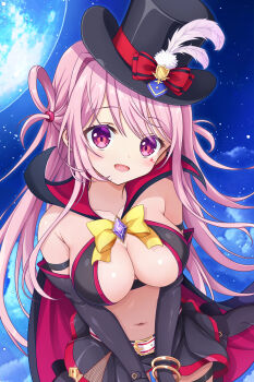 1girl :d absurdres ambitious_mission arise_kaguya armpit_crease bare_shoulders belt black_cape black_gloves black_hat black_skirt blush bow bowtie breasts cape cleavage commentary_request commission cowboy_shot elbow_gloves eyelashes eyes_visible_through_hair floating_hair fuchigamimirai gloves hair_between_eyes hair_intakes hair_rings hat hat_bow highres large_breasts long_hair looking_at_viewer miniskirt moon navel night open_mouth outdoors phantom_thief pink_hair red_bow red_cape red_eyes skeb_commission skirt smile solo star_(symbol) star_sticker sticker sticker_on_face stomach straight_hair thigh_strap top_hat two-sided_cape two-sided_fabric two_side_up v_arms very_long_hair white_belt yellow_bow yellow_bowtie