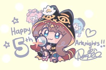 Rule 34 | > <, 1boy, 2girls, :3, ^ ^, animal ears, anniversary, arknights, blue eyes, blue hair, brown hair, cat ears, cat girl, cat tail, chibi, chibi only, closed eyes, closed mouth, goldenglow (arknights), hood, hood up, mizuki (arknights), multiple girls, namie-kun, open mouth, pepe (arknights), pink hair, tail