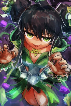 1girl black_hair breasts cowboy_shot dress duel_monster flower green_eyes hair_bun hair_flower hair_ornament hatano_kiyoshi highres looking_at_viewer monster_girl open_mouth plant plant_girl sleeveless small_breasts smile solo tagme traptrix_vesiculo white_dress yu-gi-oh!