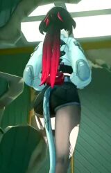 1girl 3d animal_ears animated ass ass_focus ass_shake asymmetrical_legwear audible_music black_garter_straps black_hair black_pantyhose black_thighhighs boots bouncing_ass crop_top cropped_jacket female_focus fingerless_gloves fingernails from_above fur-trimmed_sleeves fur_collar fur_trim bad_tag garter_straps gloves green_eyes green_hair green_jacket hair_intakes jacket jane_doe_(zenless_zone_zero) jiggle legs_up long_hair low_ponytail lying midriff mouse_girl mouse_tail multicolored_hair on_back pantyhose pantyhose_under_shorts ponytail screencap shorts single_garter_strap single_leg_pantyhose single_thighhigh solo sound tagme tail thighhighs torn_clothes torn_pantyhose torn_thighhighs video walking zenless_zone_zero