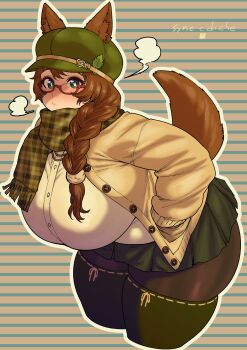 Rule 34 | 1girl, absurdres, animal ear fluff, animal ears, ass, braid, braided ponytail, breasts, brown hair, dog girl, glasses, green eyes, green hat, green skirt, green thighhighs, hat, highres, huge breasts, indie virtual youtuber, jacket, mint castella, pantyhose, plump, red-framed eyewear, scarf, semi-rimless eyewear, simple background, skirt, synecdoche, tail, thick thighs, thighhighs, thighs, virtual youtuber