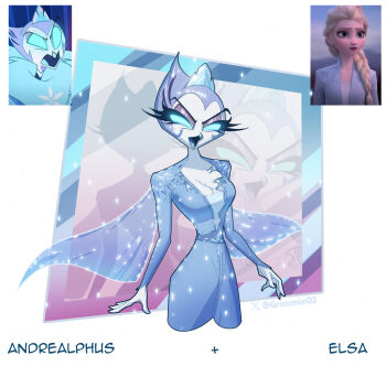 1girl absurdres andrealphus_(helluva_boss) beak body_fur breasts character_name colored_skin cosplay cropped_legs crown elsa_(frozen) elsa_(frozen)_(cosplay) frozen_(disney) furry furry_female genderswap genderswap_(mtf) glowing glowing_clothes glowing_eyes green_eyes grey_cpae grimmie02 hellaverse helluva_boss highres medium_breasts shadow short_hair white_background white_hiar white_skin