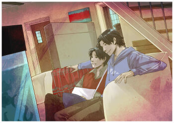 2boys batman_(series) black_hair blanket blue_eyes brothers cast couch dc_comics denim dick_grayson family fish_tank food gun_sling hood hoodie jeans kaciart male_focus multiple_boys pants plaid_blanket popcorn red_vest siblings sitting smile stairs sweater_vest tim_drake vest