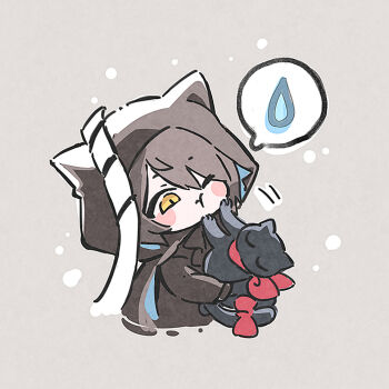1boy ;t animal animal_ears animal_hood arknights black_cat blush_stickers bow brown_eyes brown_gloves brown_hair brown_jacket cat chibi closed_mouth comedic_sweatdrop eyes_visible_through_hair fake_animal_ears gloves grey_background hair_over_one_eye holding holding_animal hood hood_up jacket long_sleeves miss_christine_(arknights) motion_lines myluche one_eye_closed phantom_(arknights) red_bow simple_background spoken_sweatdrop sweatdrop tail tail_bow tail_ornament tragodia_(arknights)