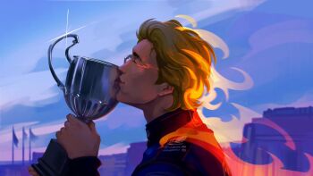 1boy alternate_universe blonde_hair blue_racing_suit blue_sky building closed_eyes commentary crossover english_commentary fantastic_four fire flag formula_one holding holding_trophy johnny_storm male_focus marvel object_kiss pyrokinesis racing_suit short_hair sky solo trophy underscorecip