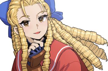 Rule 34 | 1girl, blonde hair, blue bow, bow, commentary request, drill hair, fingerless gloves, gloves, hair bow, kanzuki karin, long hair, looking at viewer, multiple drills, simple background, smile, solo, street fighter, upper body, wakaho riku, white background, yellow eyes