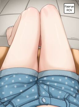 1girl blue_nails blue_shorts commentary comodox english_commentary faeryn_(comodox) female_pov legs lower_body nail_polish original pov short_shorts shorts sitting solo toenail_polish toenails toes