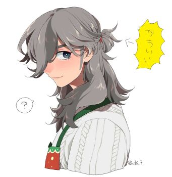 1boy ? arrow_(symbol) arven_(holiday_2025)_(pokemon) arven_(pokemon) bright_pupils closed_mouth commentary_request from_side grey_eyes long_hair looking_back male_focus miyawaki nintendo official_alternate_costume pokemon pokemon_masters_ex simple_background smile solo spoken_question_mark sweater translation_request twitter_username upper_body white_background white_pupils white_sweater