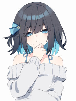 1girl absurdres bare_shoulders black_hair blue_eyes blue_hair blue_ribbon character_request closed_mouth collarbone diieru grey_sweater hair_ribbon highres long_sleeves looking_at_viewer multicolored_hair off-shoulder_sweater off_shoulder puffy_long_sleeves puffy_sleeves ribbon simple_background solo sweater two-tone_hair upper_body voiceroid white_background
