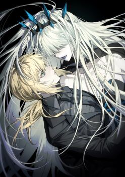 Rule 34 | 2girls, absurdres, ara 200117, artoria pendragon (fate), black dress, black necktie, black suit, blonde hair, blue lips, breasts, cleavage, commentary request, commission, dress, fate/grand order, fate (series), formal clothes, green eyes, hair over eyes, highres, jacket, korean commentary, long hair, long sleeves, looking at another, low ponytail, morgan le fay (fate), multiple girls, necktie, official alternate costume, official alternate hairstyle, ponytail, saber (fate), short ponytail, suit, suit jacket, very long hair, yuri