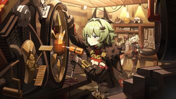 3girls absurdres arm_up black_cape black_gloves black_jacket black_shorts black_skirt black_thighhighs blonde_hair burnice_white caesar_king_(zenless_zone_zero) cape combat_helmet crop_top eyewear_on_head fur_trim gloves green_hair hair_between_eyes hair_intakes hair_ornament helmet highres holding_power_drill holding_tire horns hyny indoors jacket light_blush light_bulb luciana_de_montefio midriff motor_vehicle motorcycle multiple_girls open_mouth power_drill red-tinted_eyewear red_eyes screw shorts side_ponytail skirt teeth thighhighs tinted_eyewear twintails unused_tire upper_teeth_only wire wrench yellow_eyes zenless_zone_zero