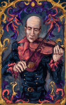 1boy balding belt black_background black_belt black_coat border brown_eyes brown_hair coat collar collared_coat commentary cowboy_shot facing_viewer flower gold_necklace haskill haskills-husband highres holding holding_instrument holding_violin instrument jewelry juliet_sleeves long_sleeves looking_down male_focus mature_male music necklace ornate_border ornate_clothes painterly playing_instrument puffy_sleeves red_collar solo symbol-only_commentary the_elder_scrolls the_elder_scrolls_iv:_oblivion violin