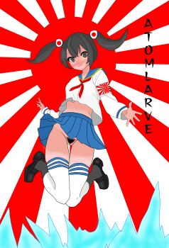 1girl absurdres atomlarve black_hair blue_skirt blush brown_eyes cleft_of_venus clothes_lift command_&amp;_conquer command_&amp;_conquer:_red_alert command_&amp;_conquer:_red_alert_3 highres imperial_japanese_army looking_at_viewer non-web_source pubic_hair pussy skirt skirt_lift smile solo thighhighs twintails white_thighhighs yuriko_omega