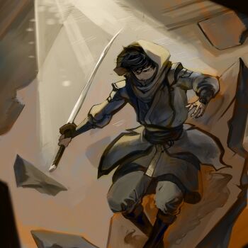 Rule 34 | 1boy, baggy pants, black eyes, black hair, cloak, crossed ankles, debris, falling, feet out of frame, highres, holding, holding sword, holding weapon, hood, hood up, light rays, logicsterrr, male focus, outstretched arm, pants, serious, shadow slave, short hair, shoulder pads, solo, sunny (shadow slave), sword, waistband, weapon