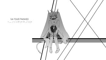 1girl ahoge blush boots cable cable_tail closed_eyes connect:commune_(vocaloid) cropped_jacket greyscale hatsune_miku hatsune_miku_expo highres mechanical_tail monochrome parted_lips rice_deity sitting skirt smile solo tail thigh_boots transmission_tower vocaloid