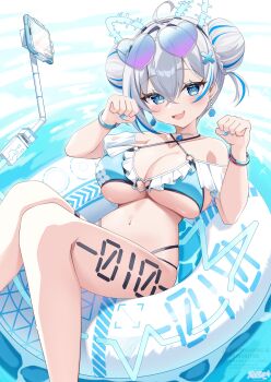 1girl absurdres animal_ears blue_eyes blue_hair blush breasts earrings elegant_(sumisumi4268) fake_animal_ears grey_hair groping_motion hair_bun heart heart-shaped_eyewear highres hologram innertube ipad jewelry large_breasts multicolored_hair navel numbered smile sunglasses swim_ring swimsuit tablet_pc tattoo two-tone_hair water