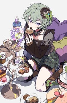 1girl arm_support bad_id bad_twitter_id blush boots bow brown_boots brown_shirt brownie_(food) cake candle_no_kaori_wa_omoide_to_tomo_ni_(project_sekai) candy chocolate chocolate_heart covered_mouth cupcake eating food frilled_shirt frilled_sleeves frills green_bow green_hair green_shorts hair_between_eyes hair_bow hair_ornament hand_up heart heart-shaped_food heart-shaped_pillow heart_collar highres holding holding_food iwatnc kneeling kusanagi_nene long_sleeves looking_at_viewer macaron official_alternate_costume official_alternate_hair_length official_alternate_hairstyle pastry pillow pink_ribbon plaid_clothes plaid_shorts project_sekai purple_eyes ribbon shirt short_hair shorts sidelocks sitting sleeve_cuffs solo very_short_hair