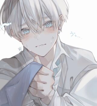 1boy 1other anger_vein aoru_uu aqua_eyes aqua_necktie blue_necktie blush closed_mouth clothes_grab collared_shirt commentary_request grey_hair grey_sweater hair_between_eyes highres long_sleeves looking_at_viewer male_focus muted_color necktie necktie_grab neckwear_grab open_collar original pov school_uniform shirt short_hair simple_background solo_focus sweat sweater tearing_up tears upper_body wavy_mouth white_background white_shirt
