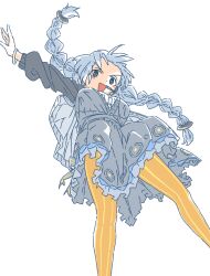 Rule 34 | 1girl, black dress, black jacket, blue eyes, blush stickers, bracelet, braid, breasts, commentary, dress, earpiece, feet out of frame, floating hair, forehead, from below, grey hair, jacket, jewelry, kizuna akari, large breasts, long hair, long sleeves, looking at viewer, looking down, low twin braids, open clothes, open jacket, open mouth, orange pantyhose, outstretched arm, pantyhose, simple background, smile, solo, striped clothes, striped pantyhose, twin braids, vertical-striped clothes, vertical-striped pantyhose, vocaloid, voiceroid, white background, yamamoto yuusuke (animator)