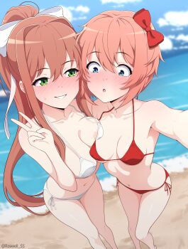 2girls absurdres areola_slip artist_name asymmetrical_docking bare_shoulders beach bikini blue_eyes blush bow breast_press breasts brown_hair cleavage cloud collarbone day doki_doki_literature_club green_eyes grin hair_between_eyes hair_bow high_ponytail highres large_breasts long_hair looking_at_another looking_down midriff monika_(doki_doki_literature_club) multiple_girls navel ocean open_mouth outdoors pink_hair ponytail red_bikini red_bow roswell_ss sand sayori_(doki_doki_literature_club) selfie short_hair side-tie_bikini_bottom sky small_breasts smile swimsuit taking_picture thighs twitter_username v very_long_hair water white_bikini white_bow