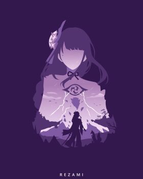 1girl artist_name braid commentary electro_symbol_(genshin_impact) english_commentary facing_viewer floating_island genshin_impact hair_ornament highres holding holding_sword holding_weapon katana lightning long_hair low-braided_long_hair low-tied_long_hair minimalism mole monochrome purple_background purple_theme raiden_shogun rezami silhouette solo sword torii very_long_hair weapon