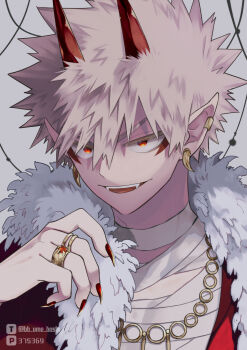 1boy alternate_costume alternate_ears alternate_universe bakugou_katsuki blonde_hair boku_no_hero_academia check_clothing chest_sarashi choker clothing_request colored_eyelashes ear_piercing eyes_visible_through_hair facial_mark fangs feather_boa film_grain fingernails gem grey_background hair_between_eyes hand_up highres horns jewelry long_fingernails looking_ahead male_focus multiple_rings necklace oni oni_horns open_mouth ornate_ring piercing pixiv_id pixiv_logo pointy_ears red_eyes red_gemstone red_nails ring sanpaku sarashi sharp_fingernails short_hair slit_pupils smile solo spiked_hair teeth tooth_necklace twitter_logo twitter_username ume_(326310) upper_body upper_teeth_only v-shaped_eyebrows white_choker