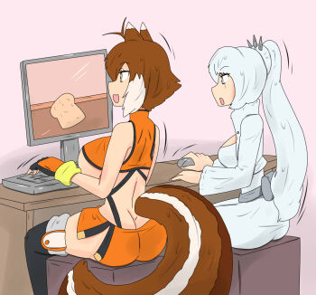 2girls animal_ears blazblue blazblue:_cross_tag_battle blue_eyes bread breasts brown_hair butt_crack computer food game_console gameplay highres i_am_bread large_breasts makoto_nanaya multiple_girls pc_engine rwby scar squirrel_ears squirrel_girl squirrel_tail tail tikoriko underboob weiss_schnee white_hair