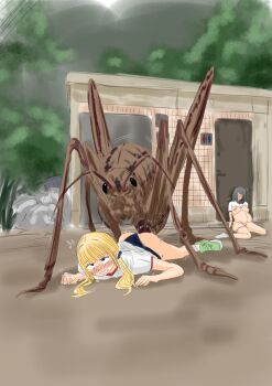 1boy 2girls after_vaginal ass bestiality black_hair blonde_hair blush breasts bug bulge cum cum_in_pussy giant_insect gym_uniform inflation lying medium_breasts medium_hair multiple_girls open_mouth original outdoors prone_bone red_eyes sex sex_from_behind sitting size_difference stomach_bulge tekeno top-down_bottom-up twintails vaginal