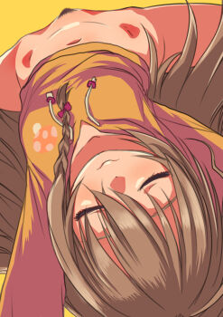 1girl bow braid female_pubic_hair hair_bow hair_spread_out highres hip_bones hood hoodie hoshi_syoko idolmaster idolmaster_cinderella_girls long_hair lying mons_pubis navel no_pants on_back pubic_hair sakaki_imasato single_braid sleeping solo spread_legs stomach upside-down very_long_hair yellow_hoodie